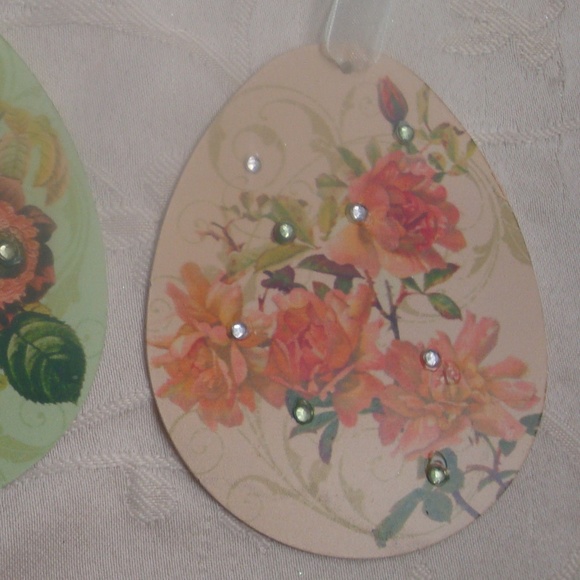🐣 Set 6 Egg Shape Tin Easter Spring Ornaments w  Flowers & Rhinestones  New - Picture 4 of 9